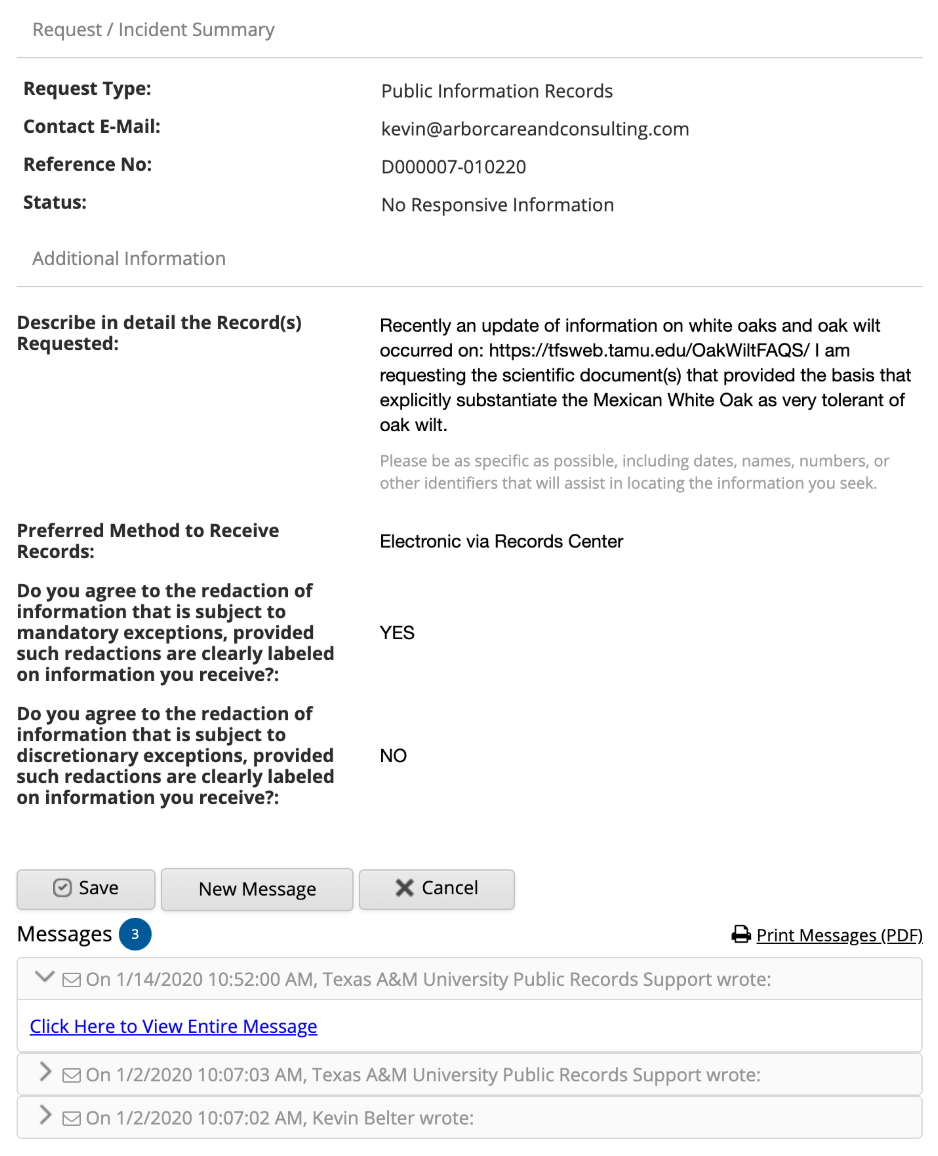 Public Information Act Oak Wilt Image