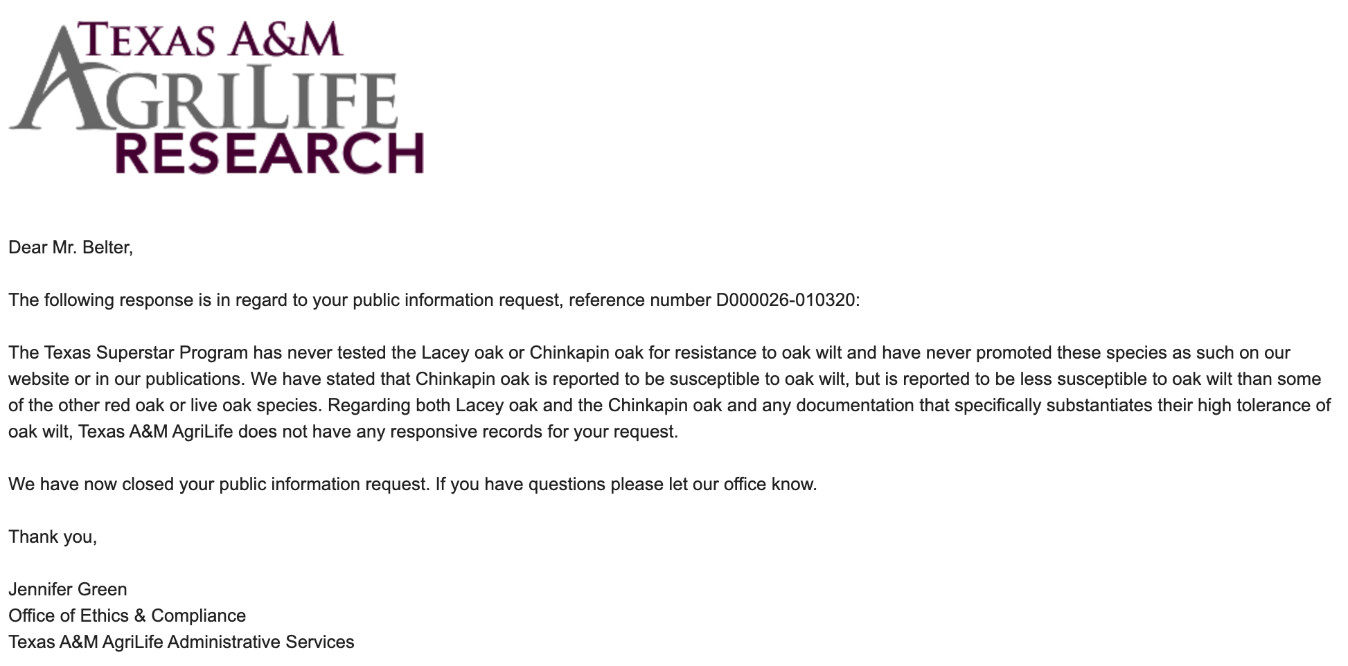 Public Information Act Response